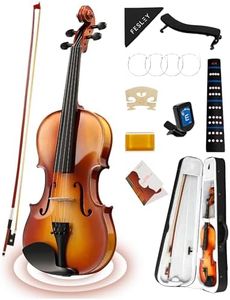 Fesley 4/4 Full Size Violin Set, 4/4 Violins for Beginners with Hard Case, Solidwood Fiddle with Bow, Rosin, Shoulder Rest, Tuner, Extra Violen Strings, Cleaning Cloth, Finger Guide