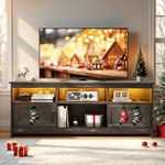 DWVO Farmhouse TV Stand for TVs Up to 65 Inch, Entertainment Centre with LED Light, TV Table with Power Outlet, TV Console for Living Room Bedroom, 59 Inches Dark Rustic Oak