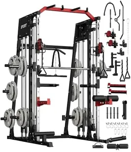 GarveeLife Smith Machine Home Gym All in One, 2200LBS Squat Rack Power Cage with Smith Bar, Lat Pull-Down, Cable Systems, Leg Hold-Down and More Attachments, Workout Equipment (Red Black)