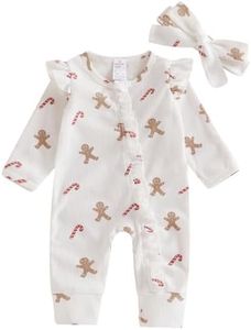 Omkzanbi Baby Girl Boy Christmas Outfit Gingerbread Man Jumpsuit Candy Cane Bodysuit Bow Neutral Fall Winter One Piece Romper, B-white, Newborn