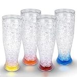 Freezer Ice Beer Mugs, Drinking Glasses, Double Wall Gel Frosty Beer Mugs, Cooling Wine Cups for Parties and Gifts, Clear 16oz Set of 4 (Red, Orange, Yellow and Blue)