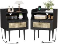 GarveeHome Rattan Nightstand Set of 2, Modern Side Table with Charging Station, Mid Century End Table with Drawer and 2 Open Storage Shelves for Bedroom, Dorm and Small Spaces, Black