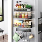 Miyawell Magnetic Spice Rack for Refrigerator, 4 Pack Magnetic Shelf, Fridge Organizer Magnet Shelves for Kitchen Organization and Storage, Moveable Seasoning Racks with 8 Hooks, Metal&Black