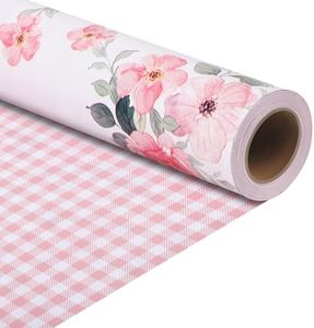 woric Reversible Floral Wrapping Paper Roll -Mini Roll- 17 Inch x 33 Feet Pink Floral Plaid Gift Wrapping for Mother's Day, Wedding, Bridal Shower, Birthday, Baby Shower, Spring Party