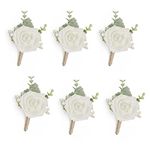 ANNKIN Ivory Rose Boutonniere with Eucalyptus for Men, Set of 6, Wedding flower Boutonnieres with Pins for Groom and Best Man Wedding Ceremony Anniversary, Homecoming Prom Party (Timeless Ivory)