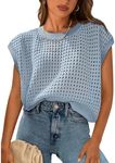 PRETTYGARDEN Womens Summer Tops 2025 Spring Sweater Pullover Crochet Hollow Out Cap Sleeve Crew Neck Knit Beach Cover Ups(Light Blue,Medium)