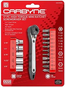 Carbyne 17 Piece Right Angle Offset Mini Ratchet Wrench Screwdriver, 1/4 Inch Dual-Drive Head | Bit Set & Sockets • From a Family-Run Tool Company Based in the U.S.A.