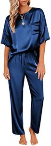 Ekouaer Pj Set for Women Pajama Set Two Piece Sleepwear Soft Satin Pj Set Short Sleeve Sleep Set Navy Blue M