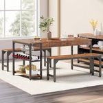 YITAHOME 63" 3 Piece Kitchen Dining Table Set for 4 with Bench & Storage, Farmhouse Rectangle Dining Room Dinner Table with Wine & Glass Holder for Space Saving, Rustic Brown