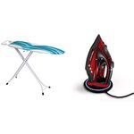 Mabel Home Adjustable Height, Deluxe, 4-Leg, Ironing Board, Extra Cover, Blue/White Patterned & Morphy Richards 303250 Cordless Steam Iron easyCHARGE 360 Cord-Free, 2400 W, Red/Black