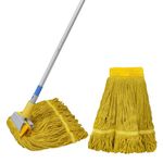 Commercial Looped-End String Mop, Commercial Mop Heavy Duty Industrial Cotton Mop 62.5-inch Handle, Cotton Mop Head, Includes 2 Head for Home,Garage,Office, Workshop, Warehouse Floor Cleaning-Yellow