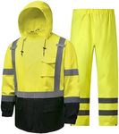 FFTSAFEWARP Hi Vis Rain Jackets for Men Reflective Waterproof High Visibility Class 3 Safety Rain Suit with Black Bottom,Removable Hood
