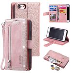 UEEBAI Wallet Case for iPhone SE 2022 5G/iPhone 7/iPhone 8/iPhone SE 2020, 9 Card Holder Slots Zipper Pocket Handbag Case PU Leather Magnetic Kickstand Wrist Strap Flip Case for SE3/SE2-Rose Gold