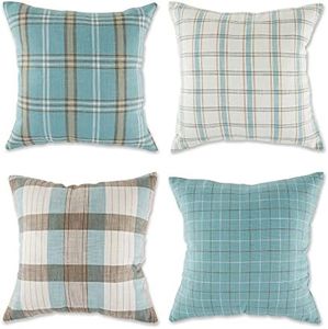 DII Decorative Square Throw Pillow Cushion Cover Set, Hidden Zipper, Cotton & Machine Washable, 18x18, Cameo Blue Mixed Plaid, 4 Piece