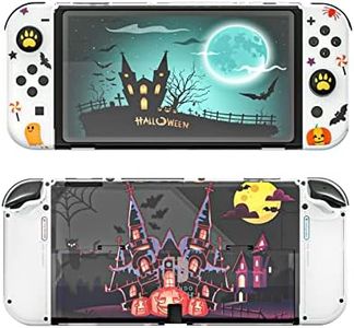 Halloween Decoration Switch OLED Case, Switch OLED Protective Case with TPU Joycon Covers and Glass Screen Protector and Thumb Grip Caps