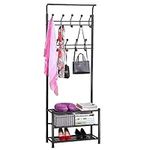 Yaheetech Coat Rack Stand with Shoe Rack and 18 Hooks, Free Standing Hall Tree with Clothes Hanging Rod, Metal Frame, for Hallway/Entryway/Living Room, Black