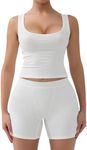 SHAPERX Women's 2 Piece Ribbed Knit Workout Outfits Set Scoop Neck Tank Top and Soft Boxer Lounge Activewear Sets, SZ5237-White-L