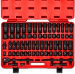 NEIKO 02448A 1/2" Drive Master Impact Socket Set, 65 Piece, Standard SAE (3/8"-1-1/4") & Metric (10-24 mm) Sizes, Deep & Shallow Kit, Includes Adapters & Ratchet Handle