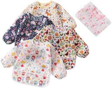 Hafftnun 5pcs Set Long Sleeve Waterproof Bib Full Coverage Apron Bib Smock Toddler Bibs with Pocket 6-30 Months (HFN1306)