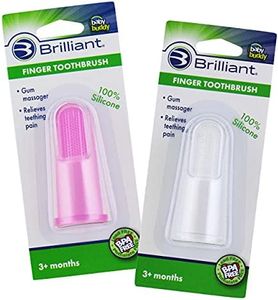 Brilliant Baby Finger Toothbrush - Silicone Teether Brush and Gum Massager for Babies and Toddlers, 3 Months Old and Up, Gum and Tooth Cleaning Essentials for Baby/Toddler, Pink/Clear, 2 Brush Set