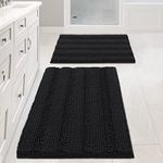 H.VERSAILTEX Black Bathroom Mat Set of 2 Piece - Non Slip Bath Mats for Bathroom, Striped Chenille Bath Rug, Water Absorbent (20" x 32" and 17“ x 24")