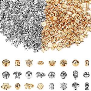 UPINS 300Pcs Silver Gold Spacer Beads for Jewelry Making Supplies Bracelet Necklace Crafts Silver Beads Metal Alloy Beads Loose Spacer Beads with Radom Styles for DIY