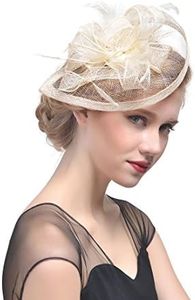 Fascinator Hat Feather Mesh Net Veil Party Hat Ascot Hats Flower Derby Hat with Clip and Hairband for Women, E1-white, L