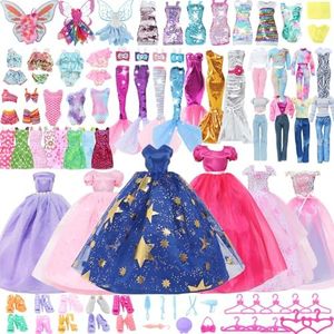 60pcs Doll Clothes and Accessories Fashion Dress Wedding Gowns, Daily Tops Pants Outfits Jumpsuit Swimsuits Bikini, 10 Mini Dresses Skirts, Shoes Hangers Dollhouse Accessories for 11.5 inch Girl Doll