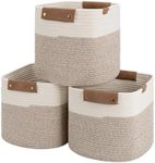 StorageWorks 11x11x11 Woven Baskets for Storage - 3 Pack, Cotton Rope Baskets with Leather Handles, White & Light Brown - Cube Storage Organizer for Bedroom, Nursery Room, Living Room