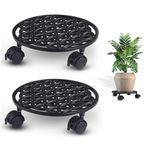 Sharpex Pack of 2 Metal Caddy Iron Dolly on Round Rack Rustproof Sturdy Potted Indoor Outdoor Plant Stand/Trolley With Locking Wheels for Balcony, Living Room, Home and Garden (Black)