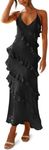 Wenrine Womens Sexy Chiffon Halter Maxi Dress Sleeveless Backless Ruffle Tassel Party Club Dresses, Black, Small