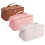 NFI essentials Pack of 3 Cosmetic Travel Organizer Bag, Women's Makeup Pouch Toiletry Bag Portable Leather Wide Opening Cosmetics Bag with Handle and Divider