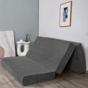 MAXYOYO Matelas Pliant en Velours côtelé, Matelas de Sol à Trois Plis de 15 cm d'épaisseur avec Housse Lavable, Pliable en Trois, Peu encombrant pour Les invités (Anthracite, Double)