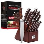 15-Piece Premium Kitchen Knife Set with Wooden Block | Master Maison German Stainless Steel Cutlery Set with Knife Sharpener & 6 Steak Knives (Walnut)