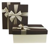 Emartbuy Set of 3 Rigid Luxury Rectangle Presentation Gift Box, Cream Box with Brown Lid, Chocolate Brown Interior and Light Brown Decorative Bow Ribbon