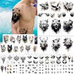 GLARYYEARS Temporary Tattoo for Men, 44-Pack Large+Small size Realistic Tattoos, Long-lasting Fake Tattoo Stickers, Cool Black Body Half Arm Tattoos, Bear Lion Wolf Tiger Rhino Deer Evil Eyes Design
