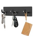 Key Holder Wall Mount, RELBRO Black Metal Key Hanger Self Adhesive Key Rail with 3 Key Hooks Key Rack Organizer 2 Options Installation for Entryway Hallway Kitchen RV Camper