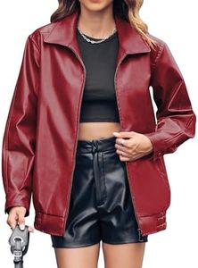 Miladusa Womens Oversized Leather Jacket Lapel Bomber Coat Classic Casual Zip Up Warm Fall Winter Clothing 2025 Dark Red XL