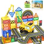 Magnetic Tiles Construction Toys with Crane Road Pieces Truck Magnetic Blocks STEM Building Sensory Toys for Kids 3 4 5 6 7 8 Year Old Boys Birthday Xmas Gifts