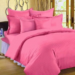 Pink Peony Luxury Premium Cotton Satin Striped Reversible Soft Double Bedsheet 100 x108 2 Pillow Covers 18x27 Solid Color Light Pink Self Stripes Print Home Festive Decor