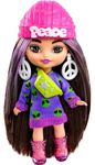 Barbie Extra Mini Minis Doll with Brunette Hair, Alien Sweater Dress & Peace Sign-Themed Accessories & Stand, 3.25-Inch