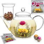 Teabloom Stovetop & Microwave Safe Glass Teapot (40 OZ / 1.2 L) with Removable Loose Tea Glass Infuser - Includes 2 Blooming Teas - 2-in-1 Tea Kettle and Tea Maker (Holds 4-5 Cups)