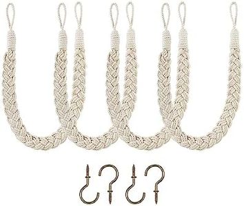 Home Queen Hand Braided Curtain Tiebacks, Buckle Holdback Drapery Curtain Tie Back, 4 Rope Cotton Belt Curtain Tie with 4 Metal Hooks, Off White