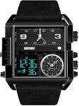 SKMEI Watches for Men, Square Men's Wrist Watches, LED Backlight Large Screen Multi-Time Zone Men's Watch, Waterproof Analog Men's Digital Sports Watch, Black, Case Size: 51mm, Classic Fashion