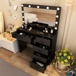 onesaimei Makeup Vanity Desk with Large Mirror and LED Lights, 4 Drawer Vanity Table with Lighted Mirror, Large Desktop Dressing Vanity Table for Women