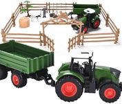 Top Race | Tractor Trailer Toys for Boys - Green Tractor Toy with Sliding Farmer's Cart - Toddler Plastic Toy with Brown Fence - Kids Tractor Toy