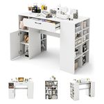 COSTWAY 36” Counter Height Sewing Table, 53 Inch Artwork Craft Table with 14 Open Compartments, 3-position Adjustable Shelf, 1 Drawer & Cabinet, Project Center Desk Drafting Sewing Workstation, White