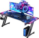 63 Inch Gaming Desk with LED Lights Carbon Fibre Surface Gaming Table Large Computer Desk Ergonomic Home Office Desks Z Shaped PC Gamer Workstations with Cup Holder & Headphone Hook Black