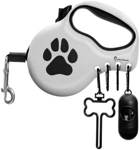 Award-Winning Retractable Dog Leash for Large and Extra Large Dogs (Max 110 lbs) Clip & Go System, Reflective Tape and Ergonomic Handle Includes Clips Poop Bag Holder and Dispenser, White