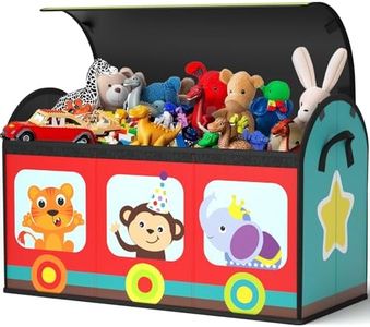 YOHOOLYO Toy Storage Organizer for Kids, Large Sturdy Flip-Top Toy Box with Fabric Lid & Handles, Cute Train Design Toy Chest Bin Box Baskets for Playroom, Nursery, Boys, Girls